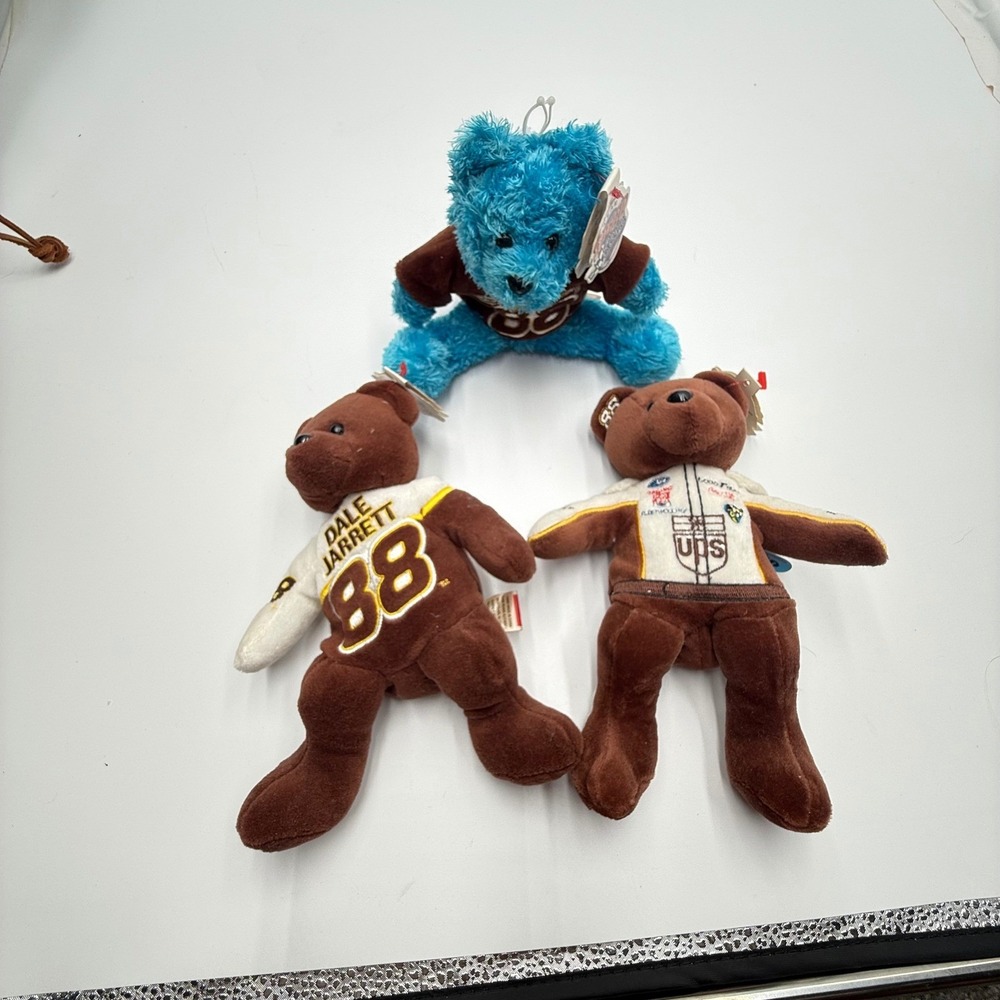 NASCAR Dale Jarrett Team Speed Beans #88 Plush Bear Lot Brown Blue 2pc NEW